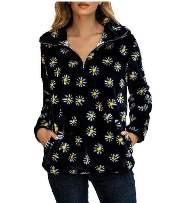 Flower Print Sherpa Half-Zip Sweater