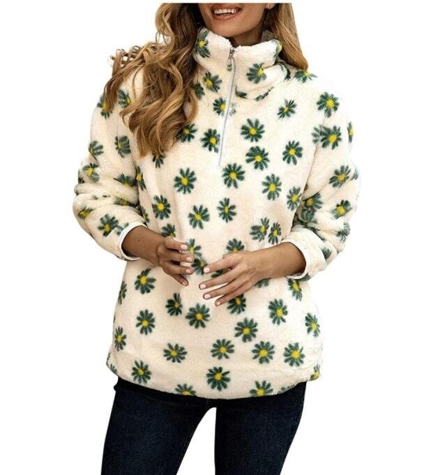 Flower Print Sherpa Half-Zip Sweater