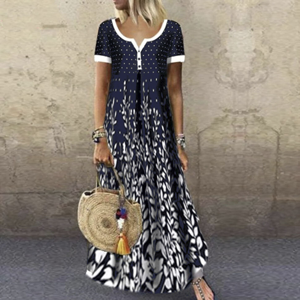 Printed V-neck Short Sleeve Maxi Dress