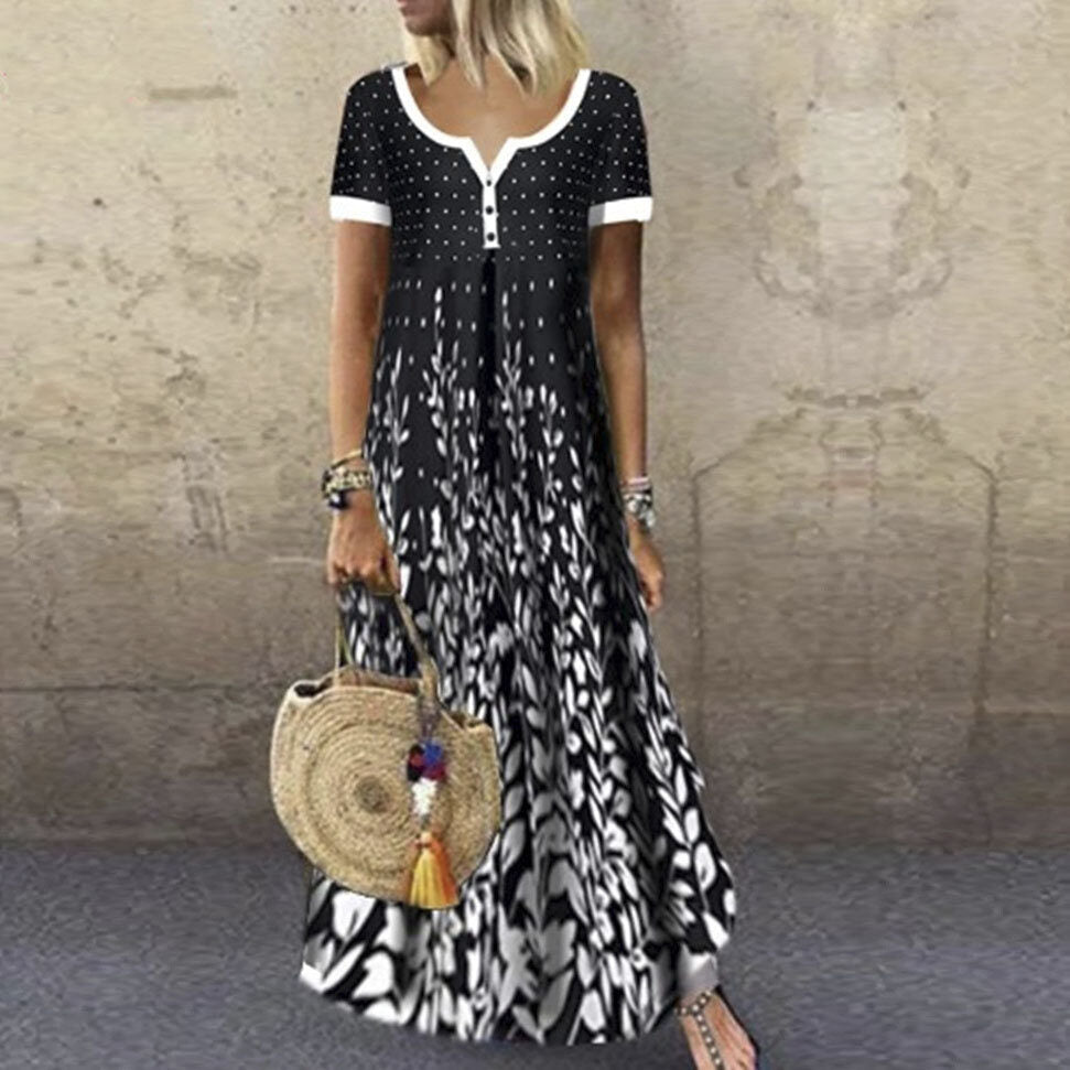 Printed V-neck Short Sleeve Maxi Dress