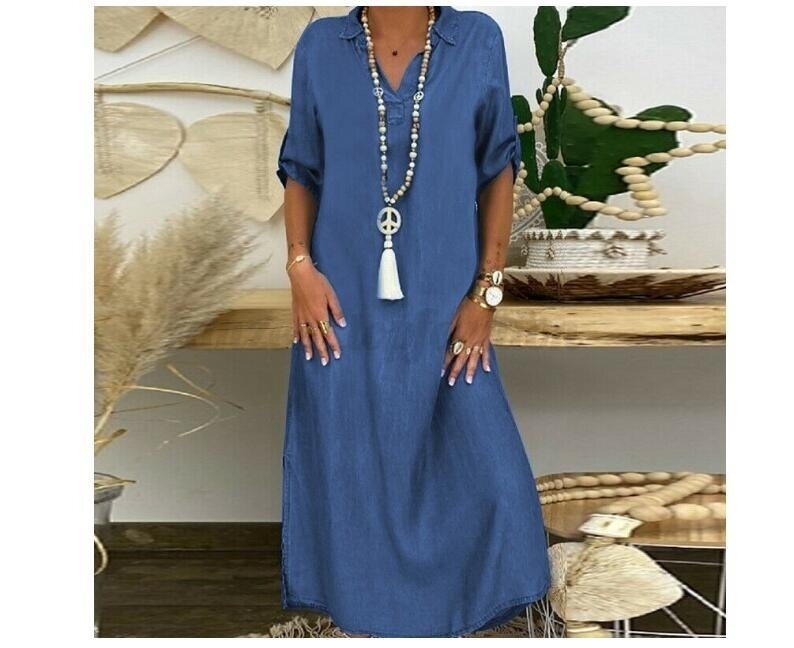 V-neck Denim Long Dress