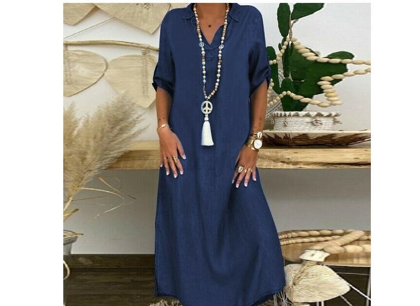 V-neck Denim Long Dress