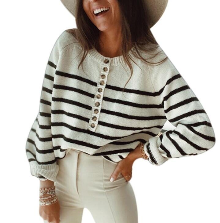 Stripe Retro Knit Buttons Pullover Sweater