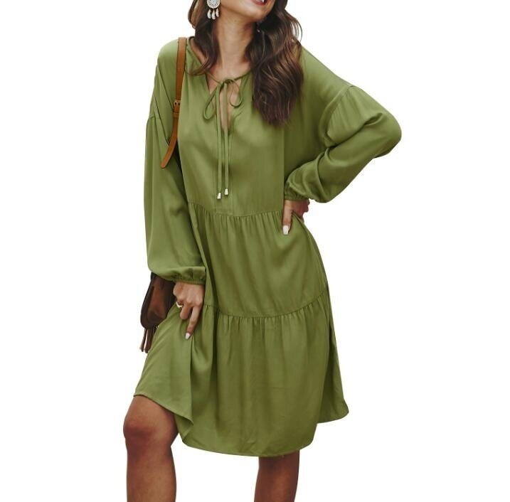 Long-Sleeved Tie-Band Loose Midi Dress