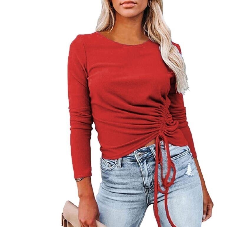 Long Sleeve Side Drawstring Ribbed Tunic Tops Shirts