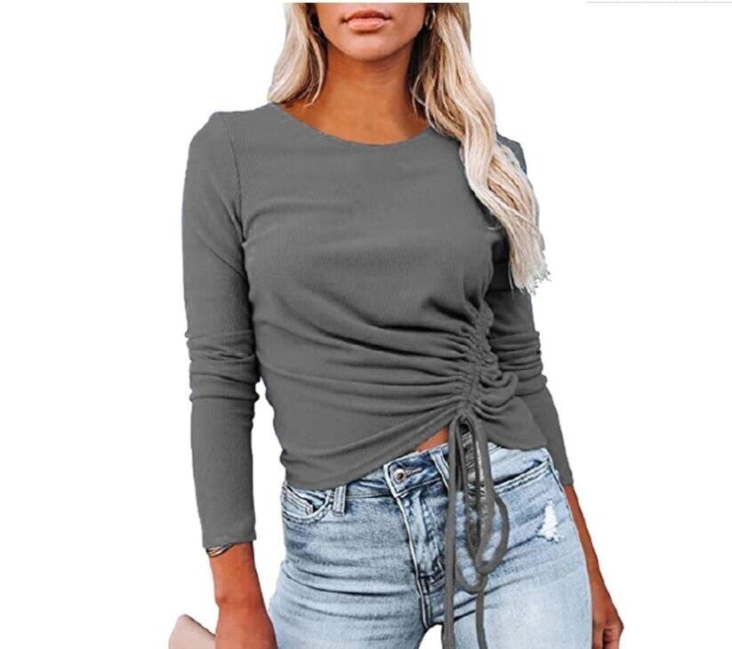 Long Sleeve Side Drawstring Ribbed Tunic Tops Shirts