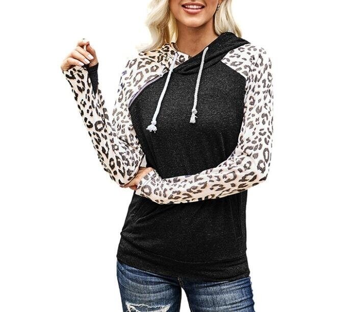 Leopard Print Pocket Zipper Hoodie Sweatshirt