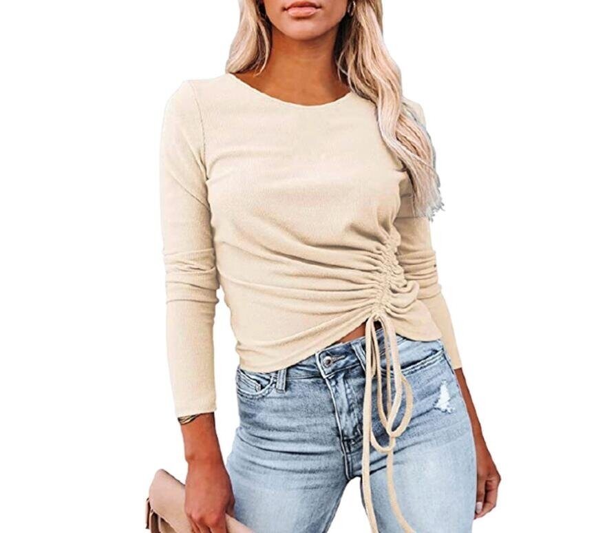 Long Sleeve Side Drawstring Ribbed Tunic Tops Shirts