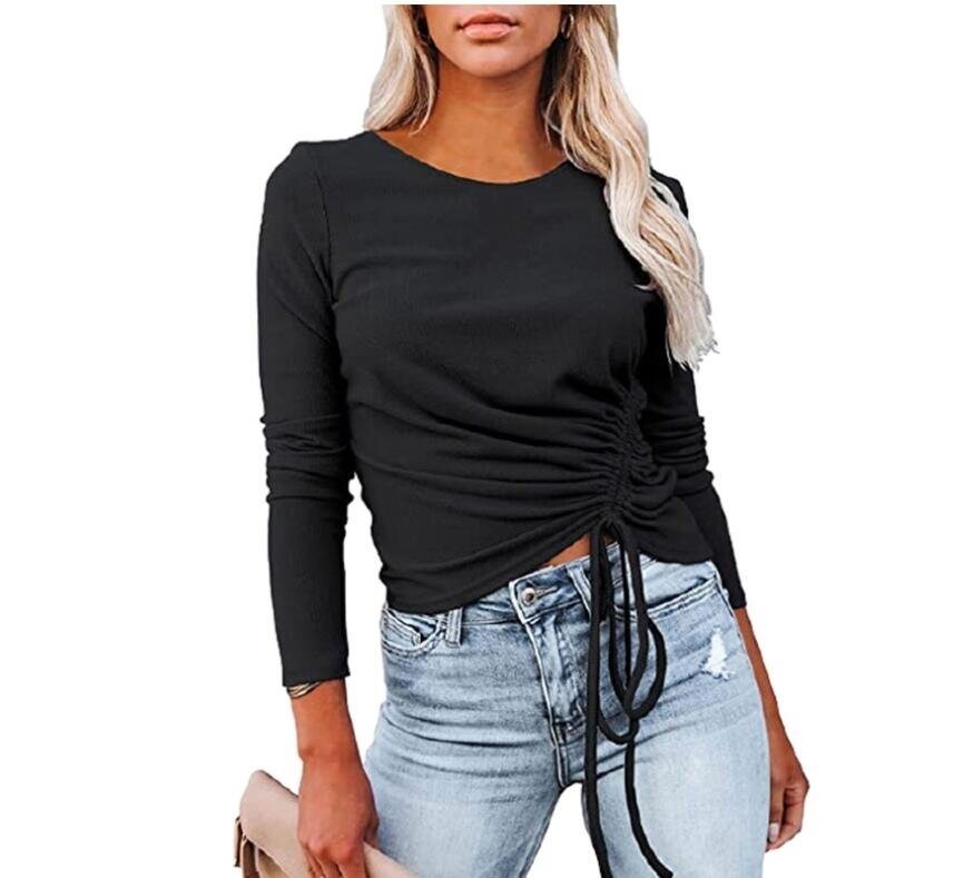 Long Sleeve Side Drawstring Ribbed Tunic Tops Shirts