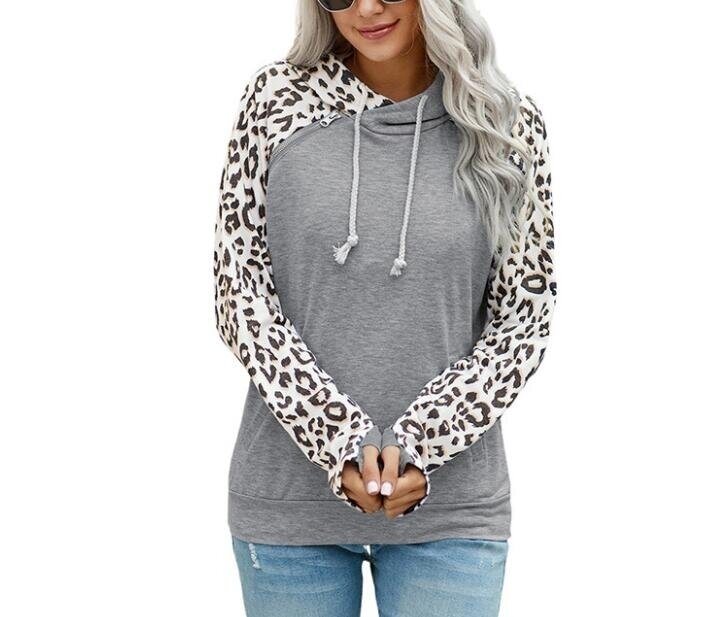 Leopard Print Pocket Zipper Hoodie Sweatshirt