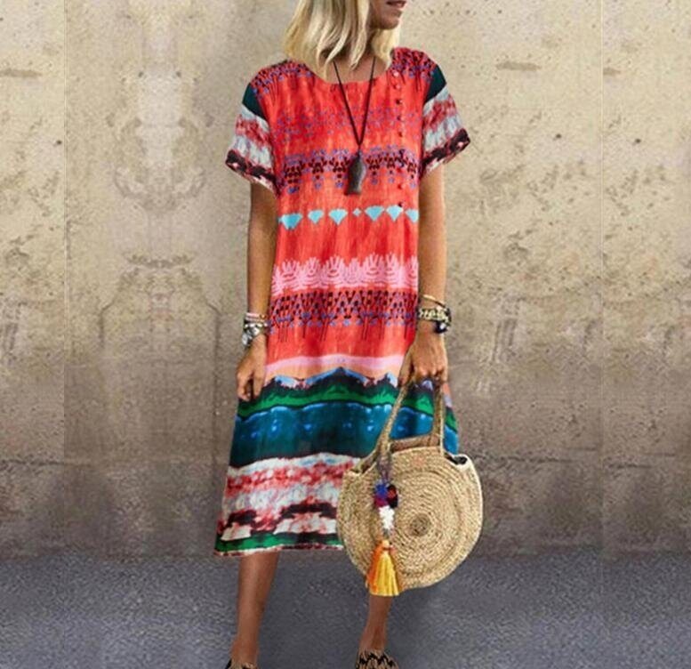 Bohemian Printed Short Sleeve Maxi Dress