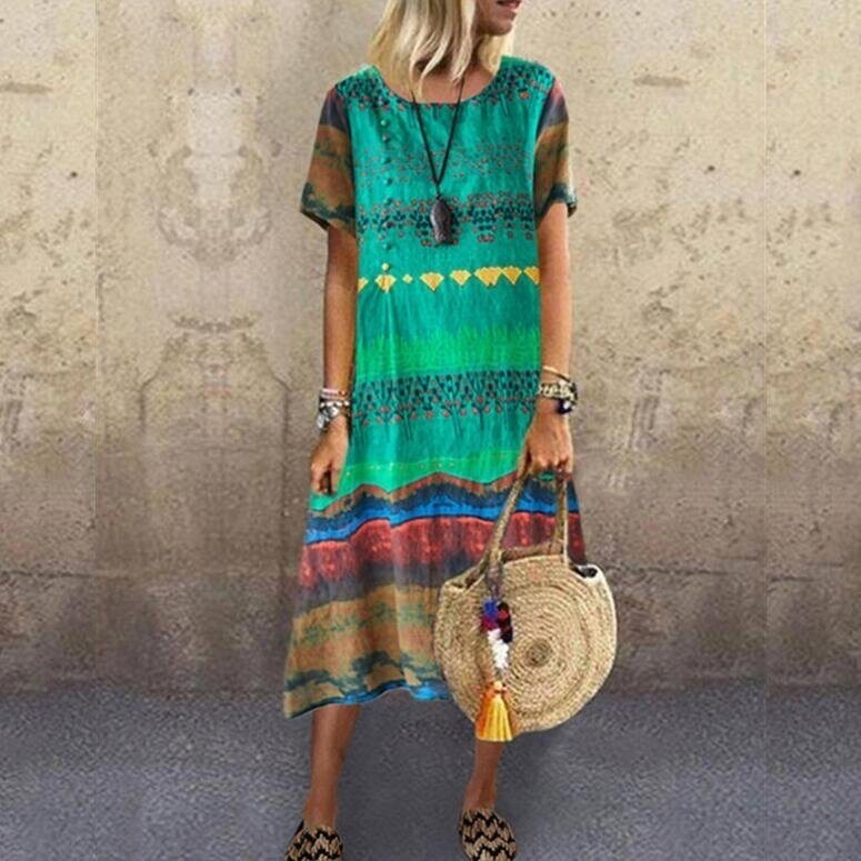 Bohemian Printed Short Sleeve Maxi Dress