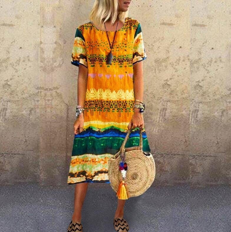 Bohemian Printed Short Sleeve Maxi Dress