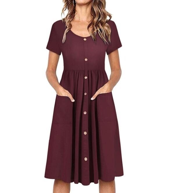 V Neck Button Down Skater Dress with Pockets