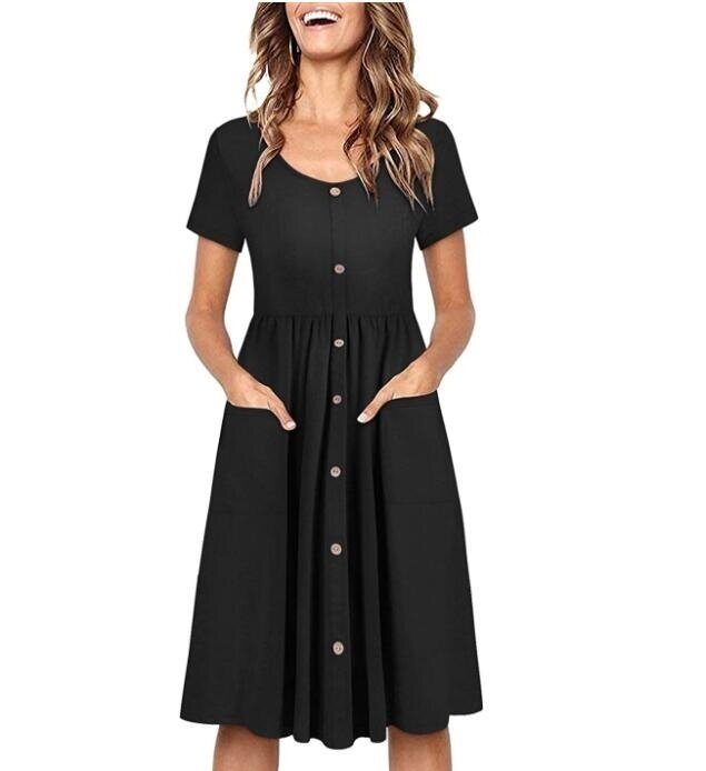 V Neck Button Down Skater Dress with Pockets