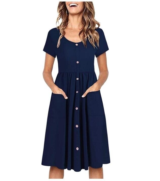 V Neck Button Down Skater Dress with Pockets