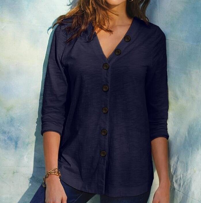 V-neck Button Long Sleeve Shirt Cotton Cardigan