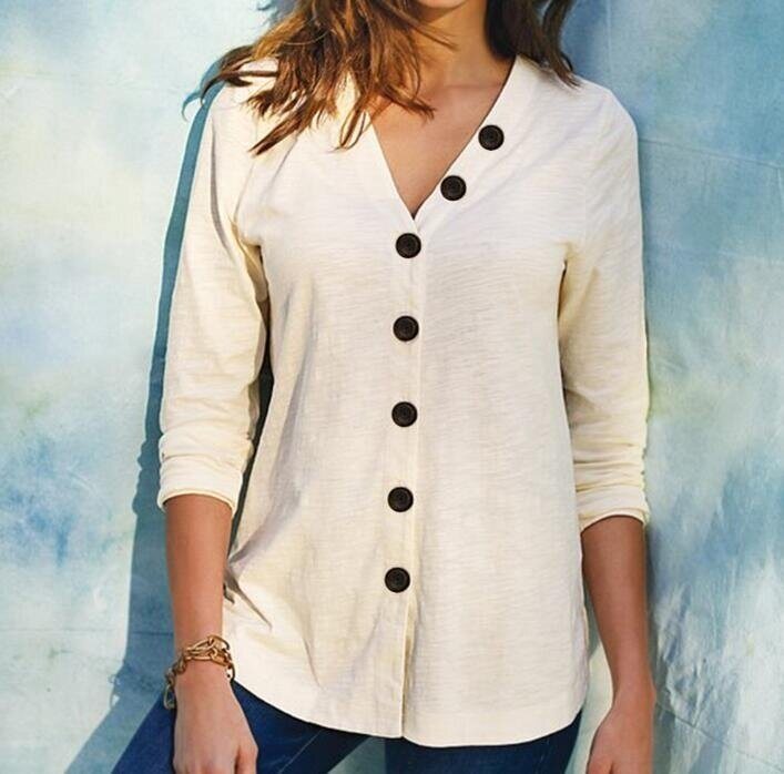 V-neck Button Long Sleeve Shirt Cotton Cardigan