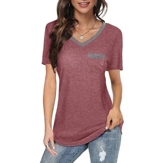 Colorblock V Neck Short Sleeve T-shirt with Pocket