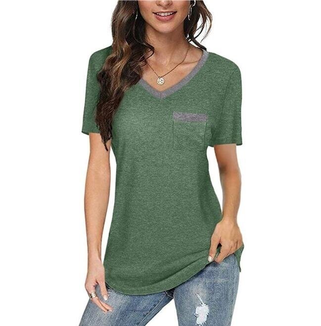 Colorblock V Neck Short Sleeve T-shirt with Pocket