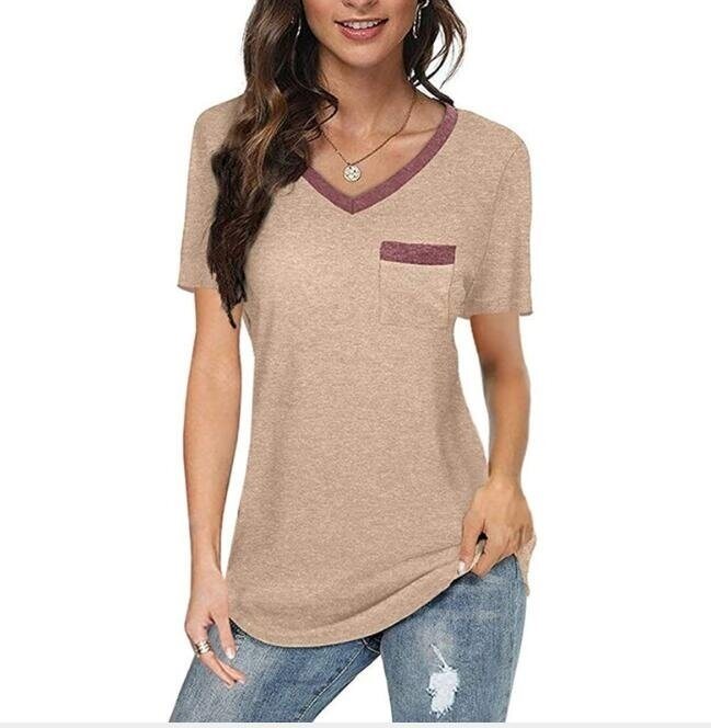 Colorblock V Neck Short Sleeve T-shirt with Pocket