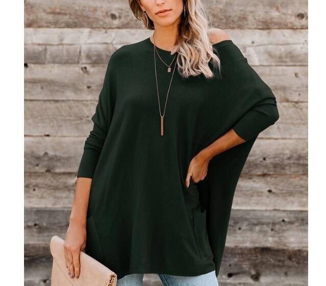 Solid Color Bat Sleeve Long Sleeve Sweater with Pockets