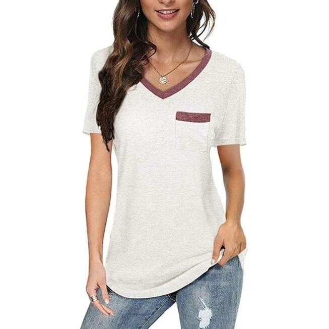 Colorblock V Neck Short Sleeve T-shirt with Pocket