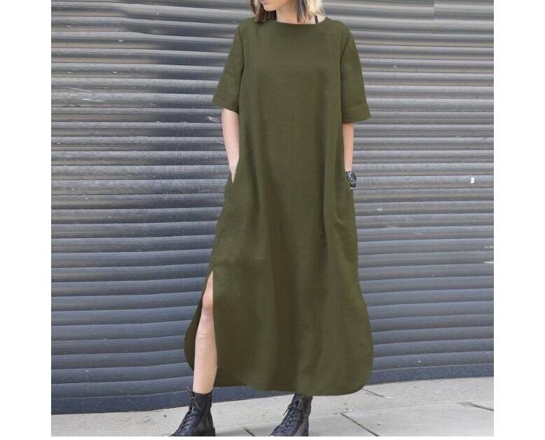 Irregular Slit Linen Maxi Dress