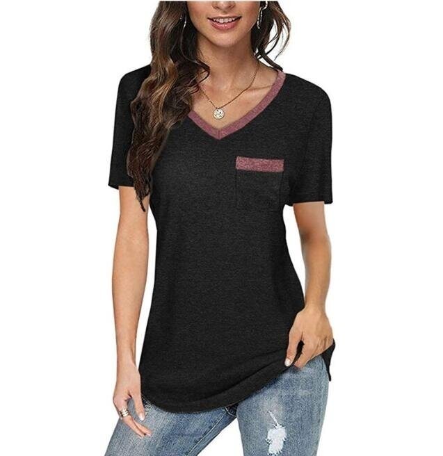 Colorblock V Neck Short Sleeve T-shirt with Pocket