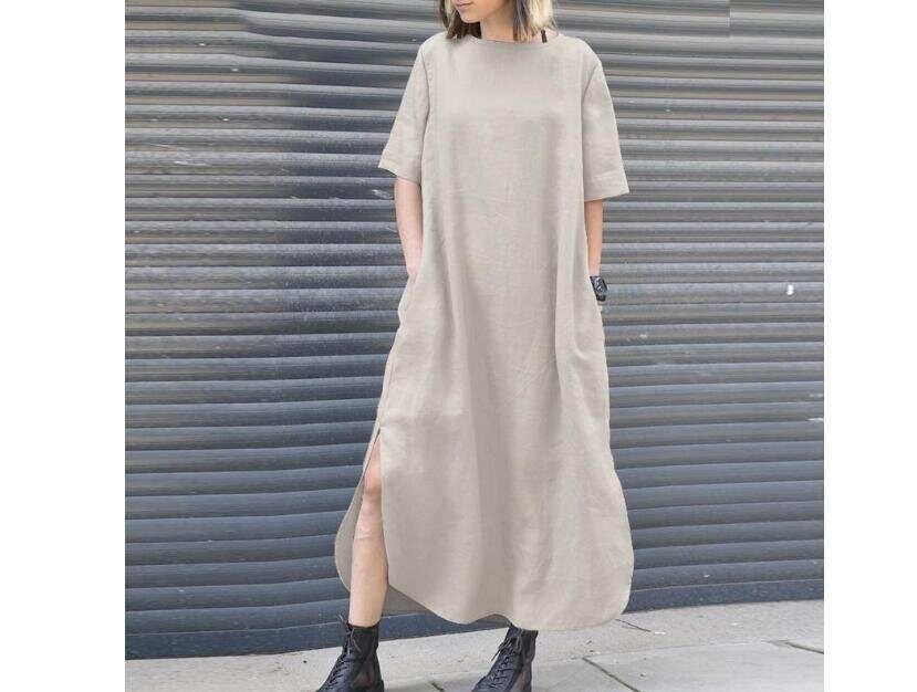 Irregular Slit Linen Maxi Dress