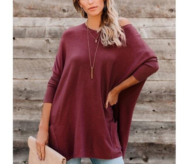 Solid Color Bat Sleeve Long Sleeve Sweater with Pockets