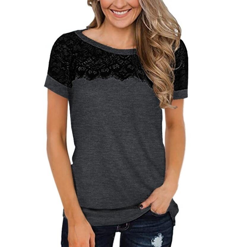 Lace Short Sleeve Round Neck T-Shirt Tops