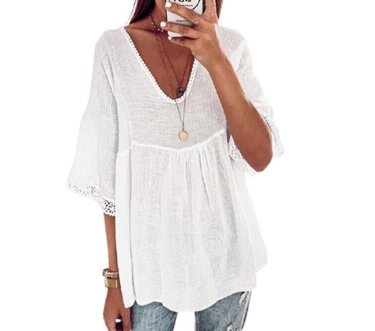 V-neck Flared Sleeve Lace Shirt Blouses