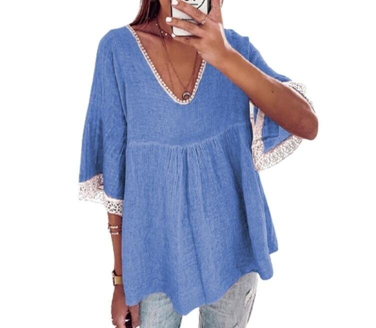 V-neck Flared Sleeve Lace Shirt Blouses