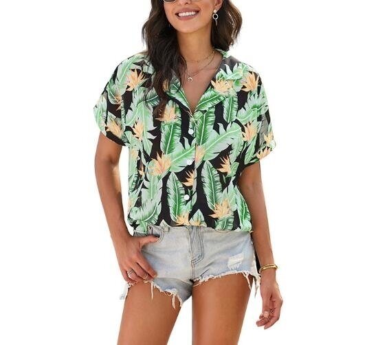 Printed v-neck Button short-sleeved Shirt