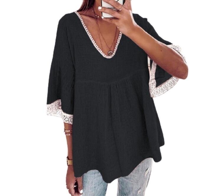 V-neck Flared Sleeve Lace Shirt Blouses