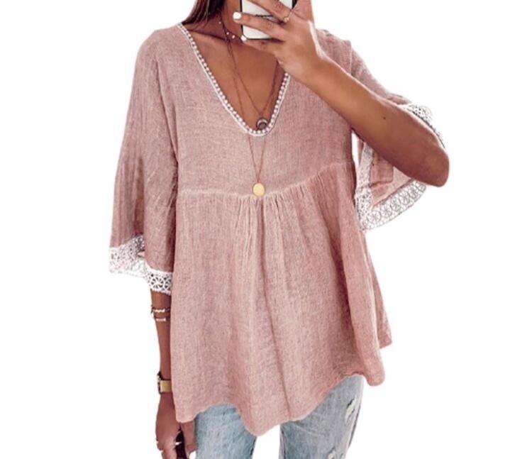 V-neck Flared Sleeve Lace Shirt Blouses