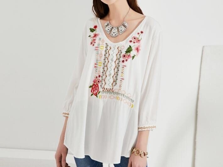 Vintage Embroidery Printed Long Sleeve Shirt Blouses