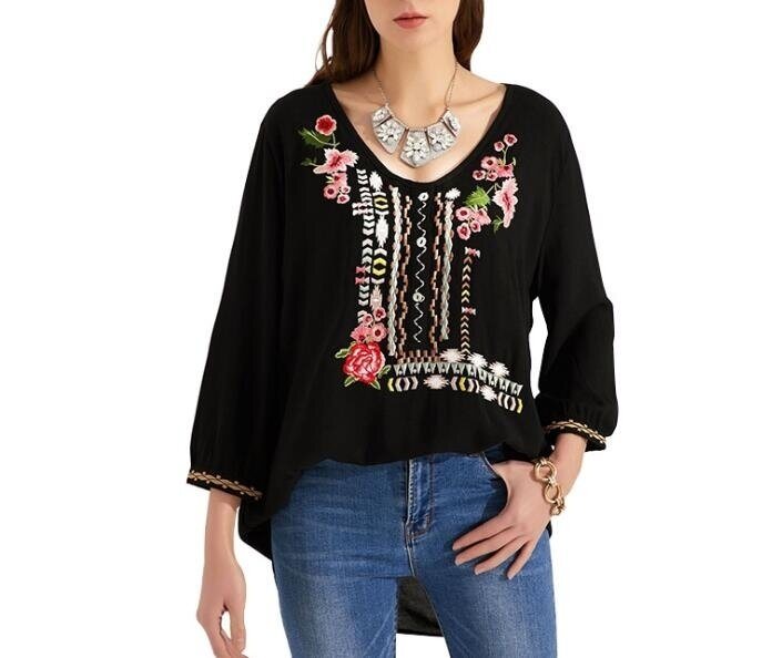 Vintage Embroidery Printed Long Sleeve Shirt Blouses