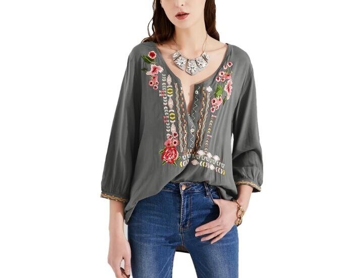 Vintage Embroidery Printed Long Sleeve Shirt Blouses