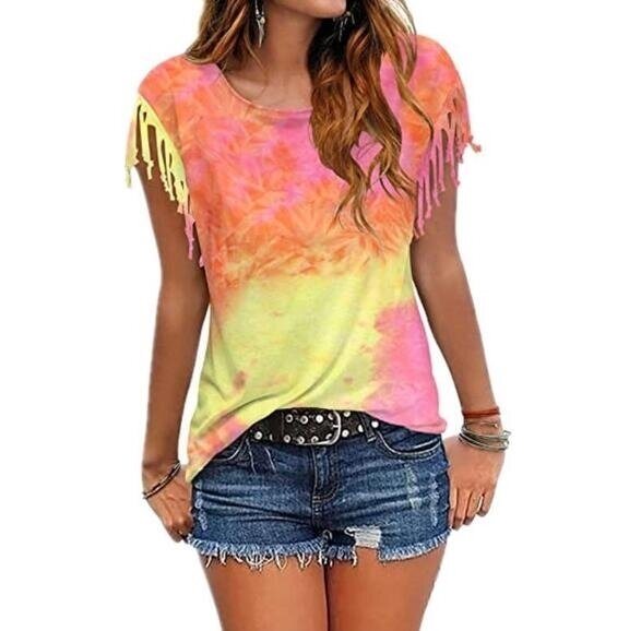 Tie-dye Fringed Short-Sleeved T-shirt, Multiple Colors