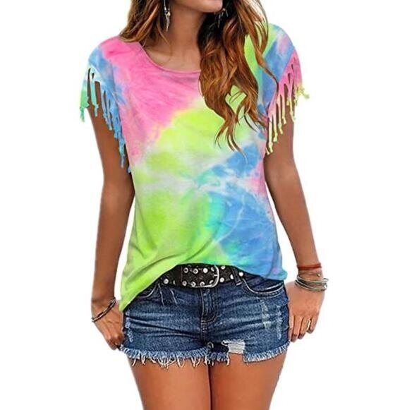 Tie-dye Fringed Short-Sleeved T-shirt, Multiple Colors