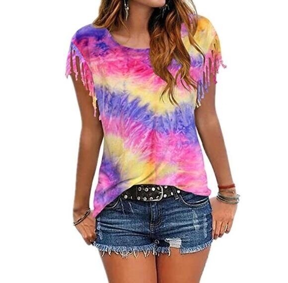 Tie-dye Fringed Short-Sleeved T-shirt, Multiple Colors