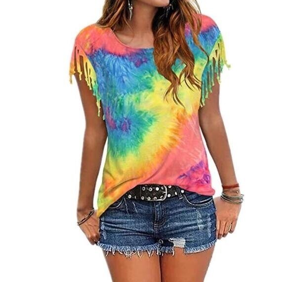 Tie-dye Fringed Short-Sleeved T-shirt, Multiple Colors