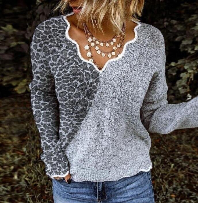 Leopard Print V-neck Pullover Long Sleeved Sweater