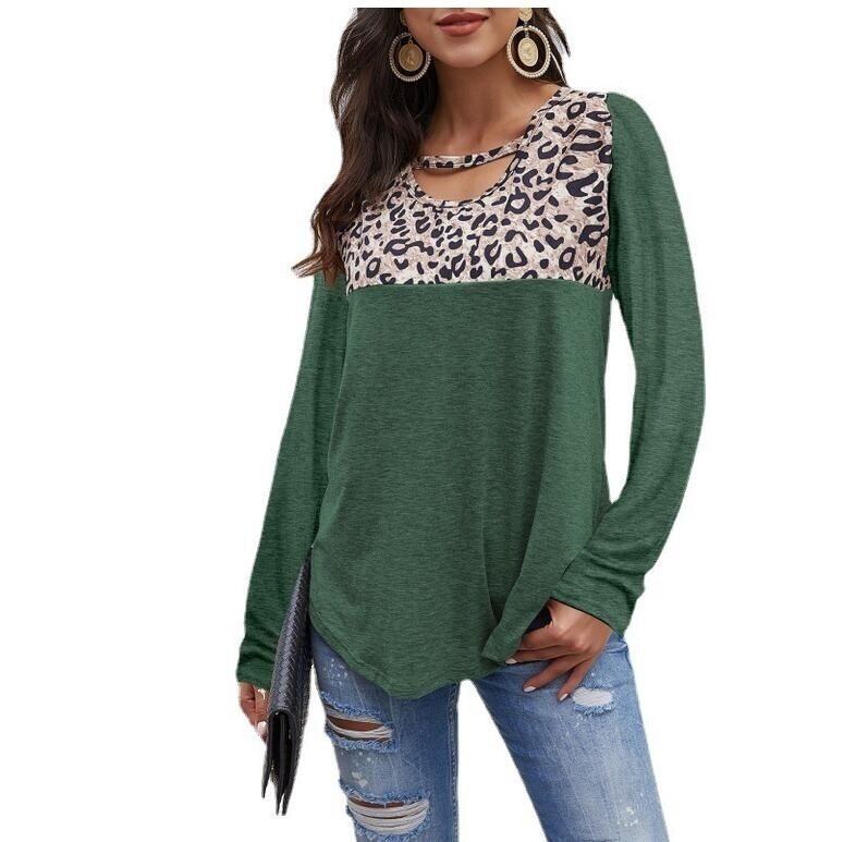 Round Neck Leopard Long Sleeve Loose Tunics