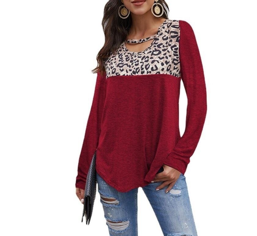 Round Neck Leopard Long Sleeve Loose Tunics