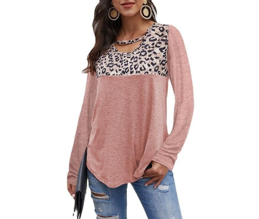 Round Neck Leopard Long Sleeve Loose Tunics