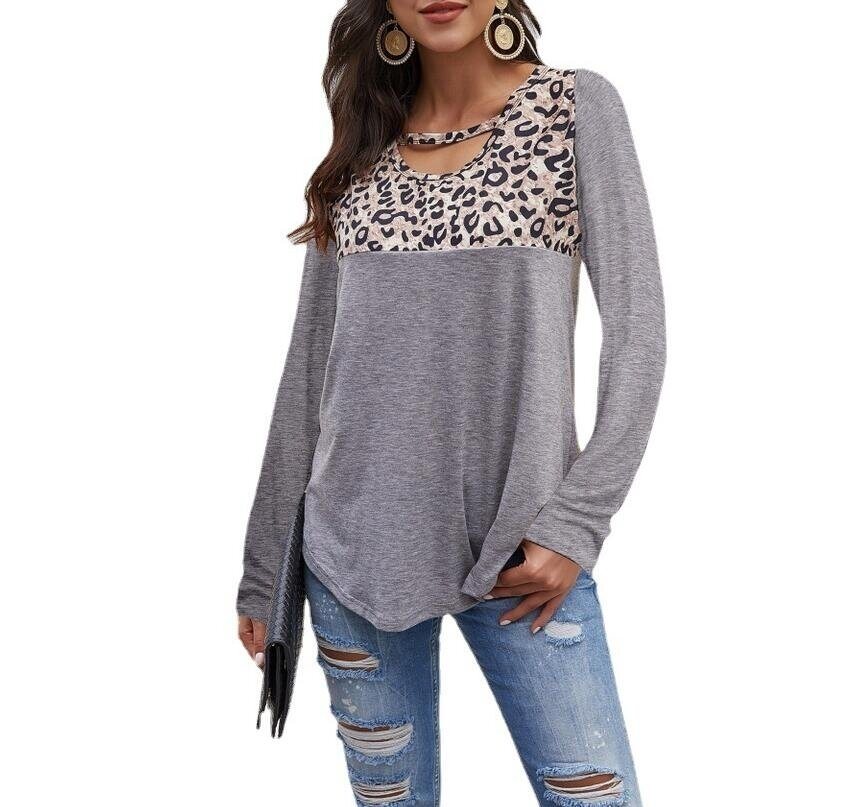 Round Neck Leopard Long Sleeve Loose Tunics