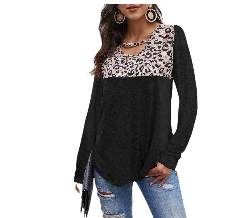 Round Neck Leopard Long Sleeve Loose Tunics